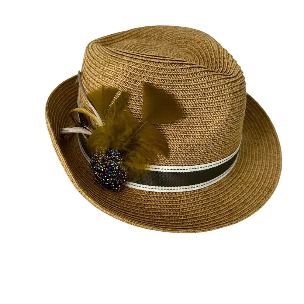 Uno Alla Volta Fedora Raffia Hat Feather Gems Rhinestone Band Tan Made in USA